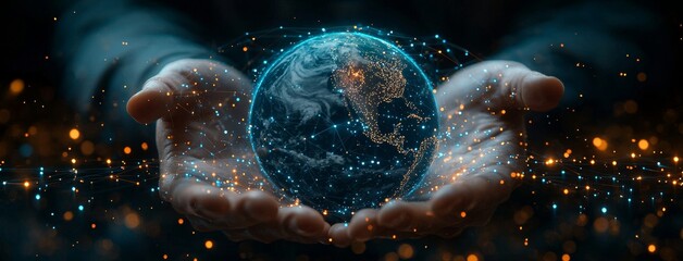 Poster - A businessman's hand holds a globe at night, symbolizing innovation, global virtual networking, and online data exchanges, with a global communication network. Elements of this image provided by