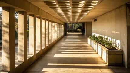 Aufkleber - A sunlit corridor with planters, showcasing architectural design and natural light interplay.
