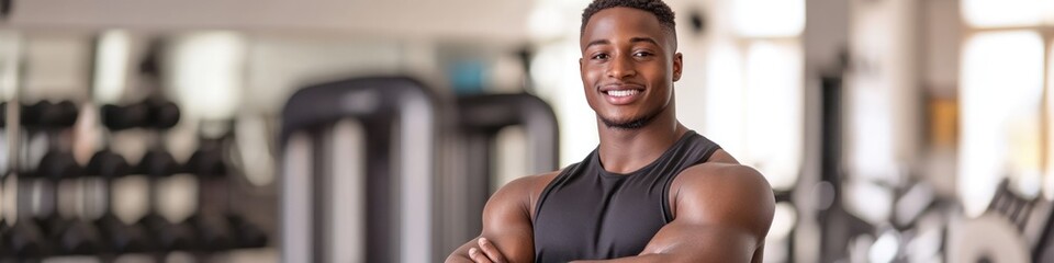 Poster - A smiling man in athletic wear poses confidently in a gym setting.