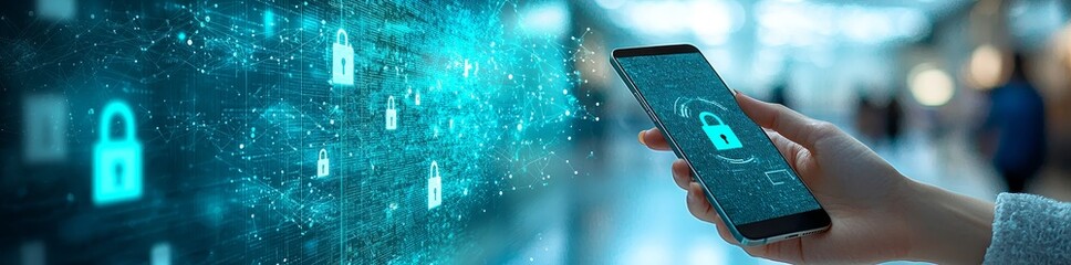 Poster - Data security depicted with a person using a smartphone on a green background.