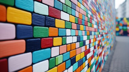 Poster - A vibrant, colorful wall made of painted wooden tiles creates an eye-catching, artistic display in an urban environment.