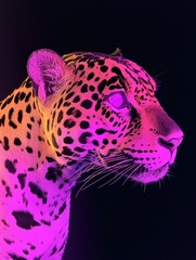 Poster - A vibrant, stylized portrait of a leopard with striking colors against a dark background.