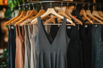 Poster - A display of dresses hanging on wooden hangers in a retail setting.