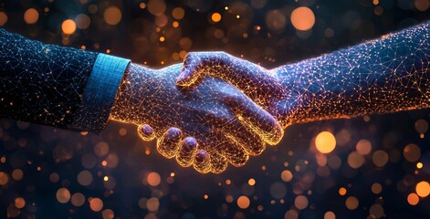Poster - A businessman's handshake with a robotic AI hand hologram indicates a partnership for future business and innovation in technology.