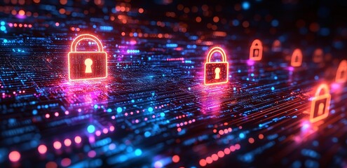 Poster - Cyber security. A digital padlock icon represents cyber security technology and network data protection on a virtual dashboard. This concept safeguards online internet access from cyber attacks,