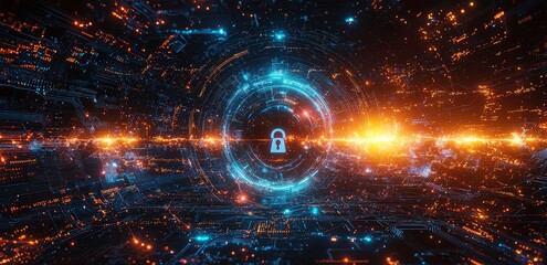 Poster - Cyber security. Represented by a digital padlock icon, cyber security technology and network data protection are shown on a virtual dashboard. This concept prevents cyber attacks on authorized online