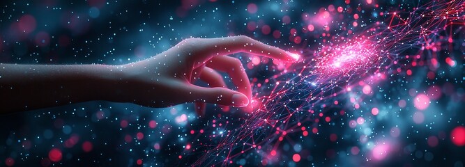 Poster - A businessman's hand touches a global network connection circle with data exchanges on a dark background, illustrating communication, technology, business networking, science, innovation, and the