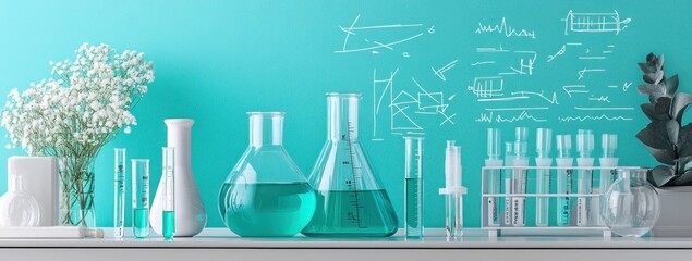 Poster - A laboratory setup featuring glassware with blue liquid and scientific drawings on a wall.