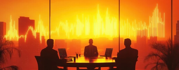 Poster - A silhouetted business meeting against a vibrant sunset and data visualization backdrop.
