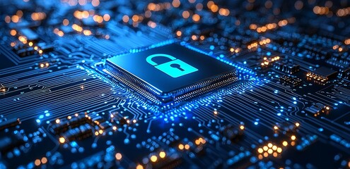 Poster - Cyber security. A digital padlock symbol, representing advanced cyber security technology and data protection displayed on a virtual dashboard. Authorized online internet access safeguarding against