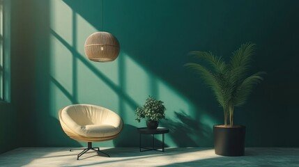 Poster - A cozy corner featuring a chair, plants, and a pendant light against a teal wall.