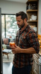 Poster - Man holding a bottle of juice in his kitchen. AI.