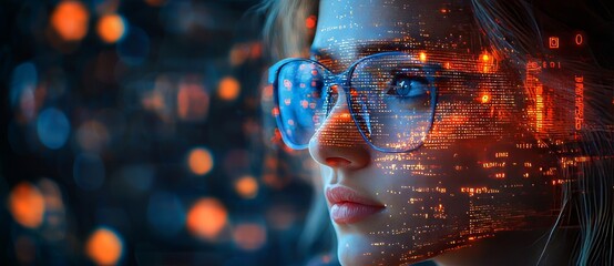 Poster - A businesswoman considers the city's financial network, with a focus on investors, technology, data science, and data exchanges, all set against the backdrop of glittering bright lights.