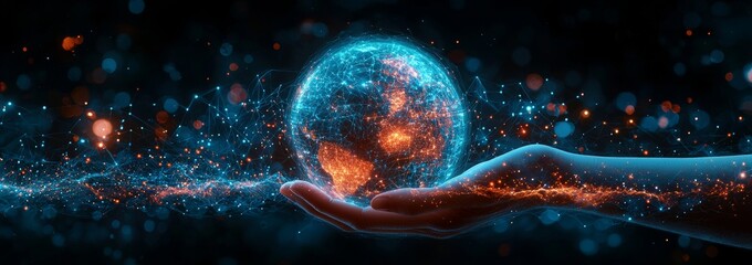 Poster - A businessman's hand grasping the metaverse universe, depicting a growing night earth and global online networking connections with data exchanges, symbolizing global communication network security.