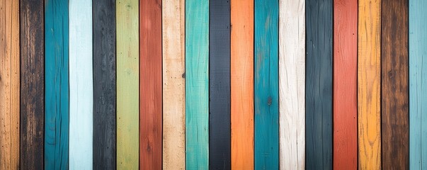 Poster - A vibrant array of wooden planks in various colors, showcasing a textured, rustic aesthetic that adds character to any space.