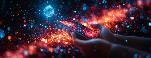 Poster - A businesswoman uses her mobile phone to connect globally through advanced technology and telecommunication, utilizing a 5G network.