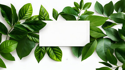 Wall Mural - Decorative green leaves and a card with copy space isolated on white