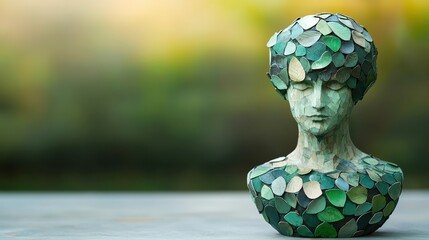 Poster - A sculptural bust adorned with green leaves, representing nature and artistry, set against a softly blurred background.