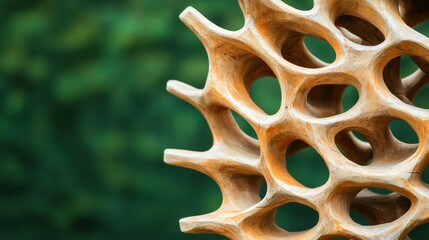 Poster - A close-up of a textured wooden sculpture featuring a series of hollowed-out shapes on a blurred green background.