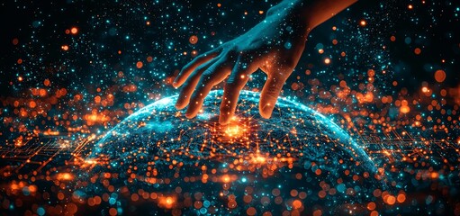 Poster - A businesswoman propelling an abstract mesh of dots representing growth on earth, highlighting global online networking connections and data exchanges, with a focus on global communication network