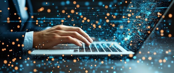 Poster - An IT consultant engineer is setting up a Virtual Document Management System (DMS) on a laptop, either in the office or while working from home, focusing on software for archiving corporate files.
