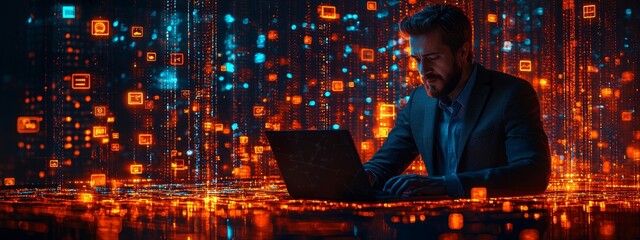 Poster - A businessman working on a laptop, focusing on a Document Management System (DMS) and Digital Rights Management (DRM).