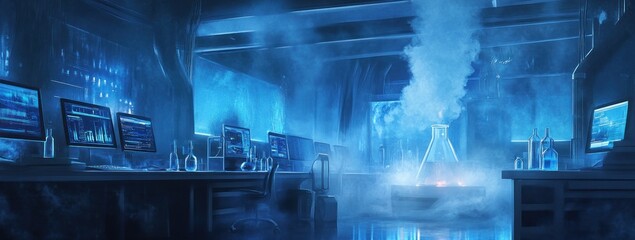Poster - A futuristic laboratory filled with computers and scientific equipment, shrouded in blue mist.