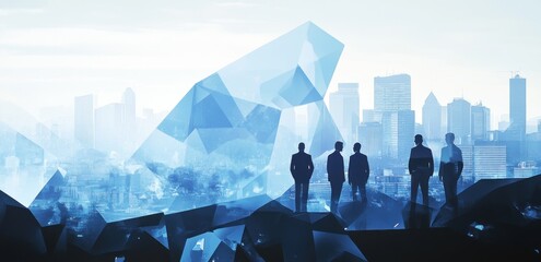 Poster - Silhouetted figures against a modern cityscape with abstract geometric shapes.