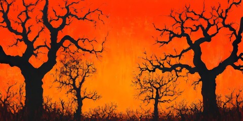 Wall Mural - vibrant orange evening sky featuring stunning tree silhouettes, the contrast of the bright orange hu