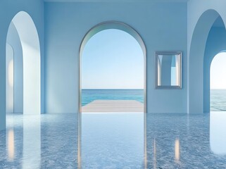 Poster - A serene interior with blue tones, arches, and a view of the ocean.