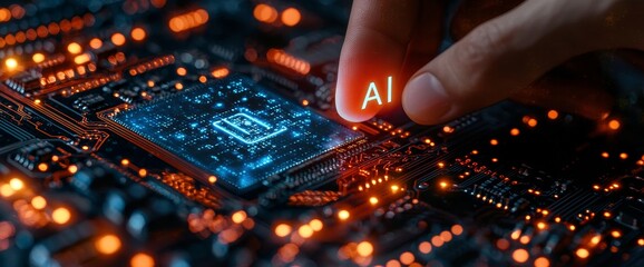 Poster - A businessman touches a brain model, symbolizing AI, while working on futuristic business, software development, and synchronized network connections, including IoT.