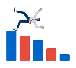 Poster - Businessman failure bar chart 2D illustration concept. Barchart fail employee. Office worker falling down from column graph cartoon character isolated on white. Metaphor abstract flat vector graphic