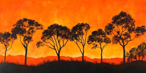 Wall Mural - vibrant orange evening sky featuring stunning tree silhouettes, the contrast of the bright orange hu