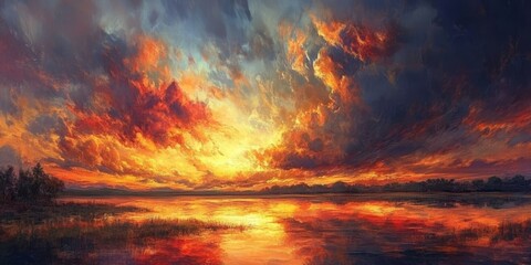 Wall Mural - impressive burning skies signal the arrival of night, creating a stunning contrast that captivates t