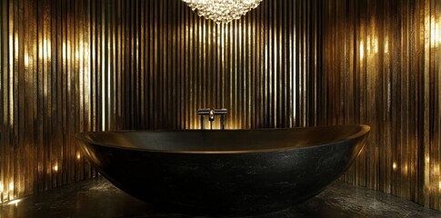 Aufkleber - Luxurious bathroom featuring a sleek black bathtub and elegant golden walls.