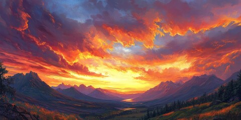 Wall Mural - impressive burning skies signal the arrival of night, creating a stunning contrast that captivates t