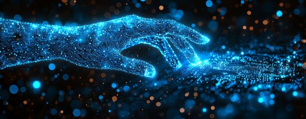 Poster - Stock is set to transform the world through machine learning, with robots and humans interacting within a vast data network, facilitating data exchange, deep learning, and advancements in science and