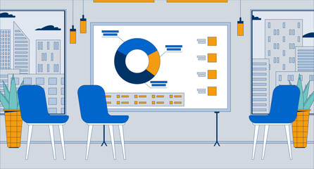 Poster - Empty lecture room charts presentation board flat illustration. Office chairs around whiteboard indoors 2D interior cartoon background. Analytics corporate diagram infographics scene vector image