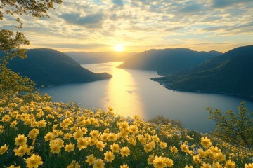 Poster - A serene sunset over a lake, framed by blooming yellow flowers on a hillside.