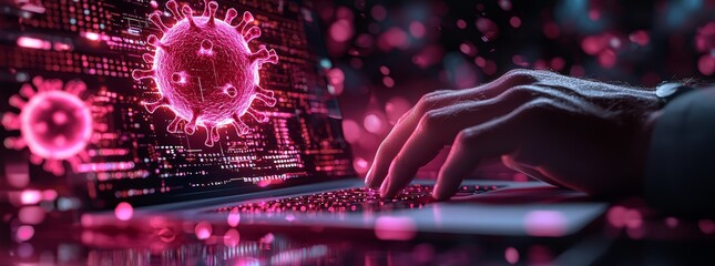 Poster - as a hand approaches the keyboard of a laptop displaying an ai hologram, the dim background undersco