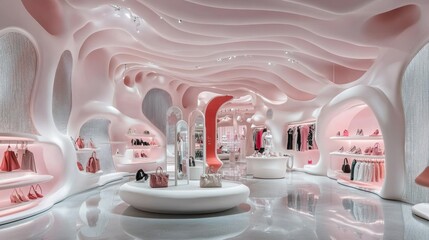 Poster - A modern, stylish retail space featuring fluid design and pastel colors for fashion display.