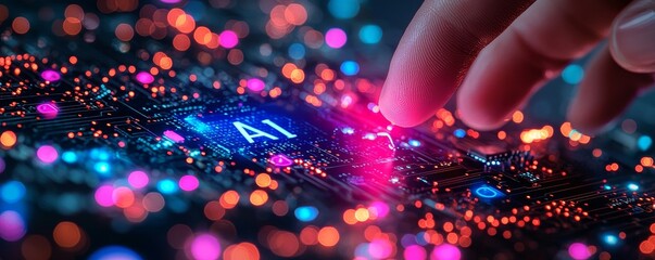 Poster - a futuristic digital illustration featuring a hand reaching towards an ai microchip symbol, with abs