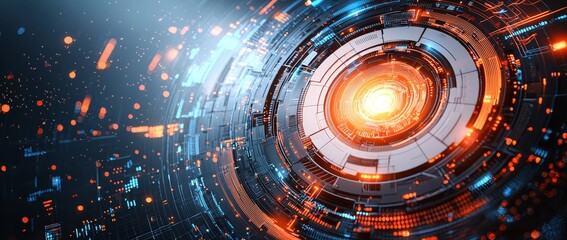 Poster - A modern, abstract illustration of a 3D design paper with a circuit board line inside a circle. Perfect as a background for engineering, science, and technology, showcasing futuristic high-tech