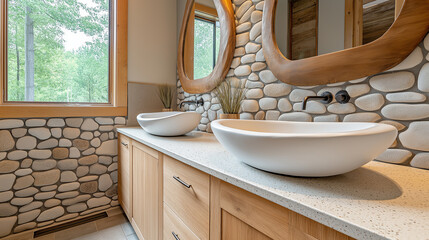 Wall Mural - Elegant bathroom design featuring river rock textures and modern vanity with double sinks and natural light