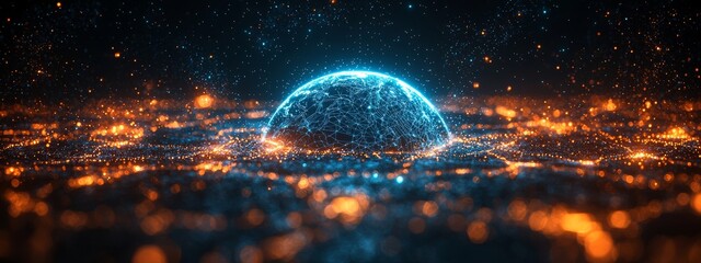 Poster - A hand working the soil, connected by a network line to a star point, featuring a modern UI with an Internet network concept and global connectivity.