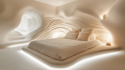 Wall Mural - Textured minimalism in modern bedroom design with soft curves and natural light in a serene setting