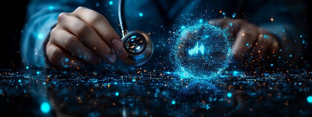 Poster - A physician with a stethoscope in hand interacts with a UI and icon, symbolizing the future of medical technology.