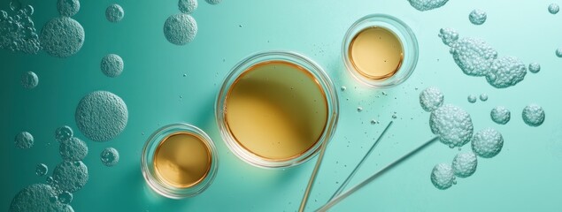 Aufkleber - A scientific setup featuring petri dishes and bubbles in a teal background.