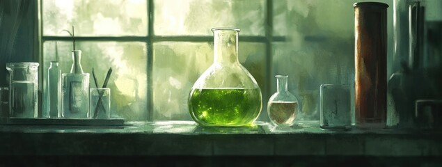 Aufkleber - A laboratory scene featuring glassware with green and brown liquids, suggesting scientific experimentation.
