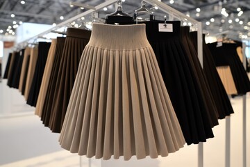 Poster - A display of pleated skirts in various colors hanging on racks at a fashion exhibition.